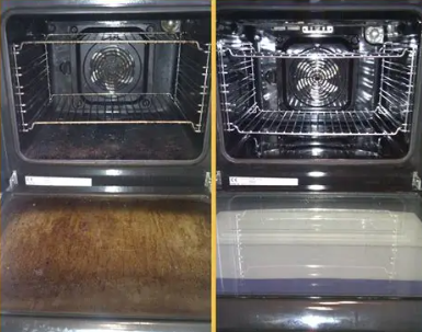 Before and after images of an oven interior showcasing cleaning results with visible differences in cleanliness.
