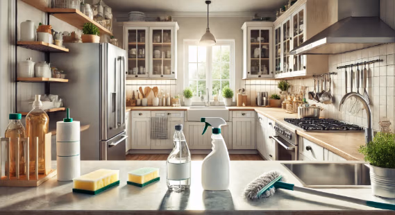 Kitchen Cleaning Services. Clean kitchen interior with modern appliances, cleaning supplies, and natural light from windows.