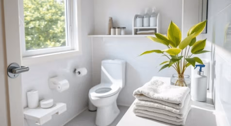 Bright and modern bathroom featuring neatly stacked towels, a plant, and cleaning supplies on a countertop.