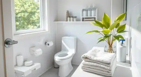 Bright and modern bathroom featuring neatly stacked towels, a potted plant, and cleaning supplies on a countertop.